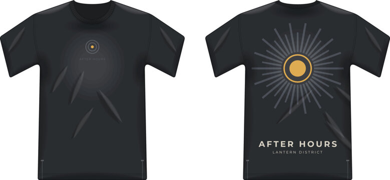 Black T-Shirt with Sunburst Ray After Hours Graphic &mdash; Front and Back Vector Design