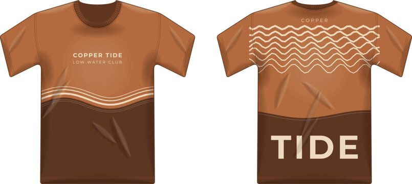 Rust and Brown T-Shirt with Wavy Tide Line Graphic &mdash; Front and Back Vector Design