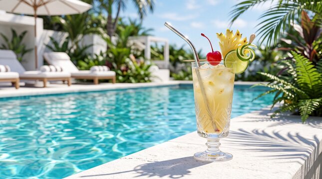 Refreshing Tropical Cocktail with fruit garnish on a poolside ledge under bright sunlight, ideal for luxury travel brochures and summer vacation marketing.