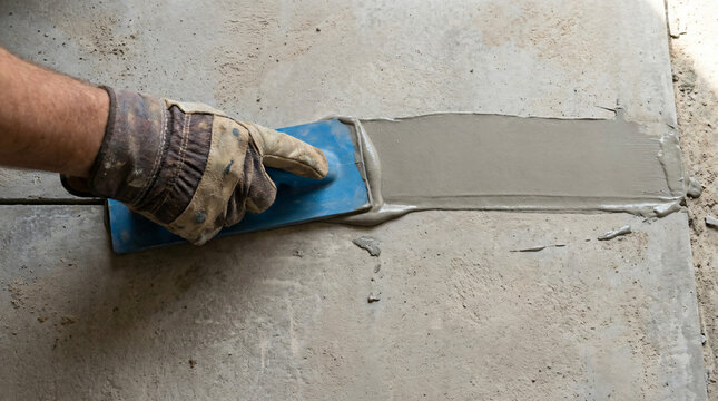 Top view of builder hand using flexible blue rubber grout float scraper tool to seal gaps between horizontal concrete floor tiles with smooth grey sealant paste texture application print