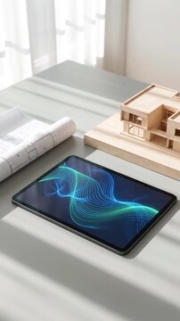 Tablet displaying digital graphics near house model