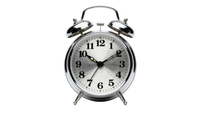 Isolated vintage chrome alarm clock with two bells, perfect for morning wake up call