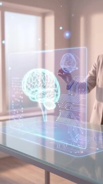 Colleagues analyzing brain hologram in modern office