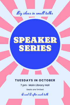 Speaker series event poster with blue sunburst rays