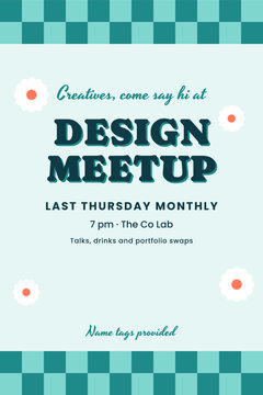 Design meetup event poster with aqua checkerboard and daisies