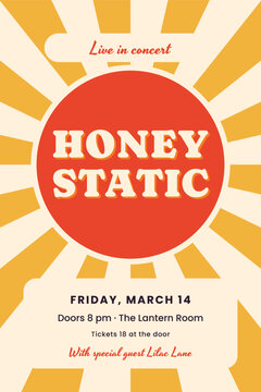 Indie pop concert poster with warm orange sunburst rays