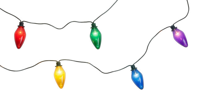 Isolated string of glowing colorful holiday light bulbs for festive celebration decoration