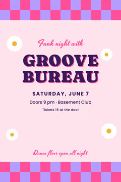 Funk concert poster with pink checkerboard and daisies