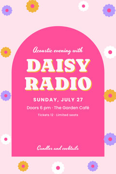 Acoustic concert poster with pink arched window and daisies