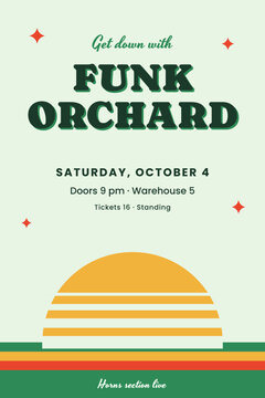 Funk orchard concert poster with green sunset stripes