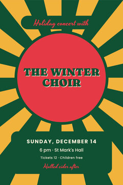 Holiday choir concert poster with green and red sunburst rays