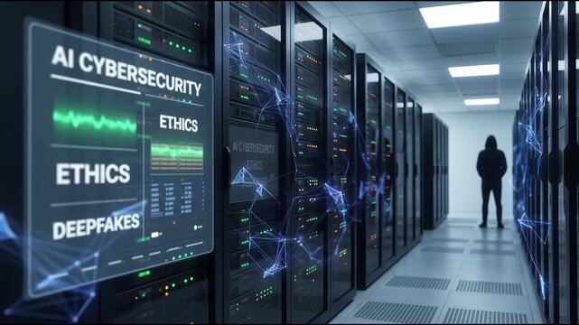 AI cybersecurity and deepfakes warning in modern server room