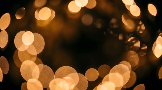 Warm golden bokeh lights on dark background, glowing defocused circles with copy space