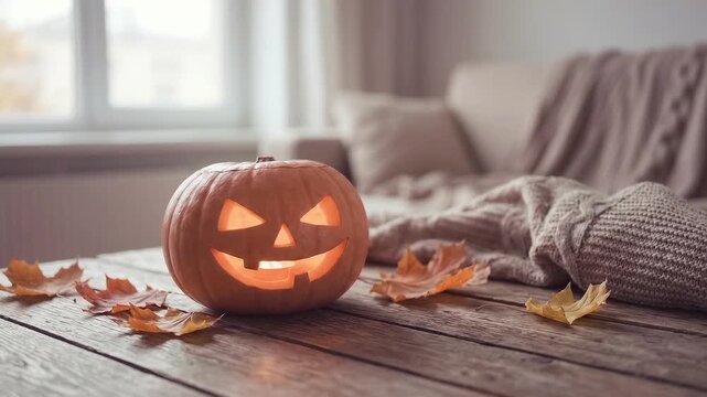 Glowing jack-o-lantern pumpkin on wooden table with autumn leaves