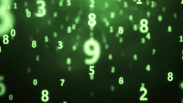 Green digital numbers floating on dark background