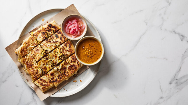 Malaysian Ramadan bazaar murtabak stuffed flatbread with spiced beef and egg, pickled onions and dhal curry, top view with copy space