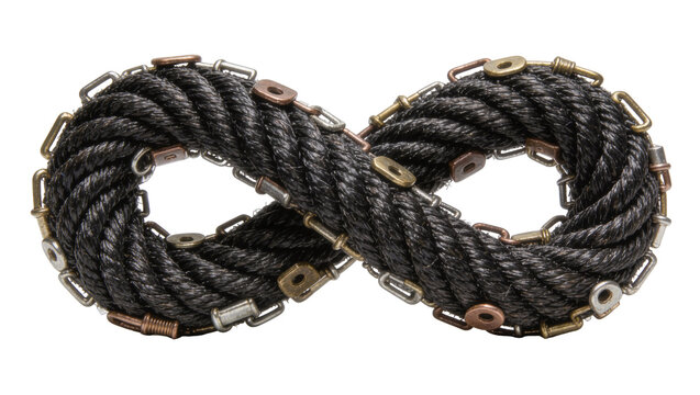 Isolated black rope infinity symbol with metallic hooks and fasteners, representing endless connection.