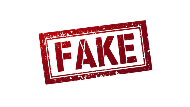 Isolated red fake stamp, grunge textured label for counterfeit products, error, fraud, or misinformation