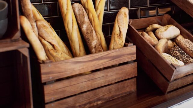 Various types of freshly baked bread are arranged neatly inside wooden crates on a bakery counter, ready for customers to buy during the day