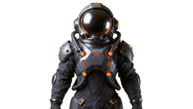 Isolated futuristic astronaut wearing a high-tech space suit, ready for interstellar exploration.