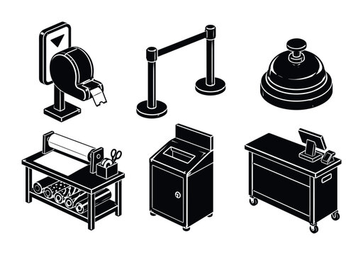 Monochrome isometric icons depicting retail and customer-service equipment: ticket dispenser, queue stanchions, service bell, wrapping station, drop-box kiosk, and checkout cart