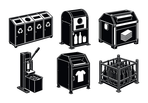 Monochrome illustration of recycling and waste containers: multi-bin recycling station, bottle return unit, cardboard dumpster, textile donation box and bottle crate
