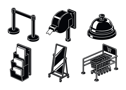Monochrome isometric icons of retail and hospitality fixtures: stanchions and queue poles, wall-mounted dispenser, service bell, brochure rack, rolling mirror, and cart corral
