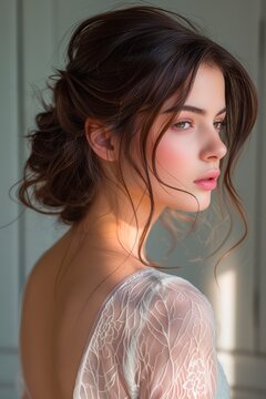 Soft white vertical flatlay background, delicate shadows with studiolit surface, space for cosmetics arrangement and influencer content for social media visuals