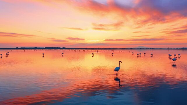 Flamingos on a lagoon at sunset. Flamingos stand in a lagoon at sunset as orange clouds reflect across the water near the horizon.