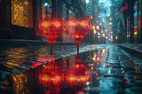 Evening urban romance. Rainy city alleys shimmer with love under shining lights. Damp urban alleyways illuminated by bright lights create romantic nighttime city scene