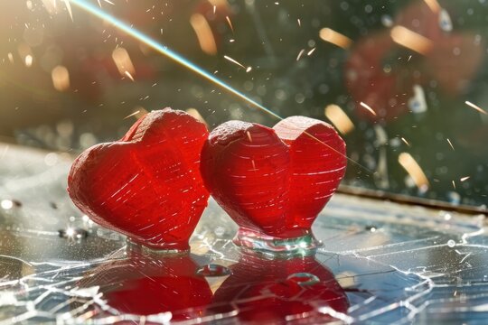 Fragile love reflected in cracks. Broken glass showcases delicate emotional resilience. Cracked surface reveals tender reflections and fragile emotional strength