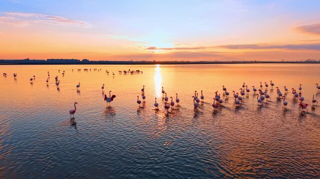 Flamingos spreading wings in shallow lake during vibrant sunset. Birds flap wings above water reflection under colorful sky at dusk.