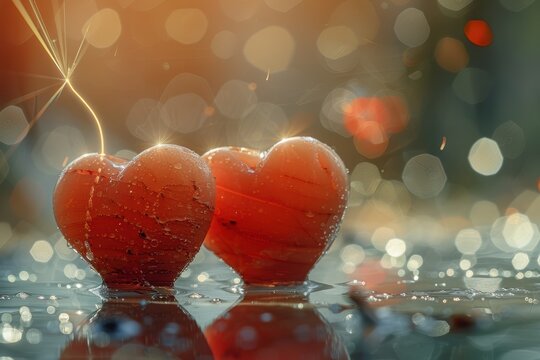 Lovefilled scene with glowing hearts. Warmth radiates from hearts in romantic luminous display. Soft illumination bathes affectionate hearts in romantic scene of gentle glow