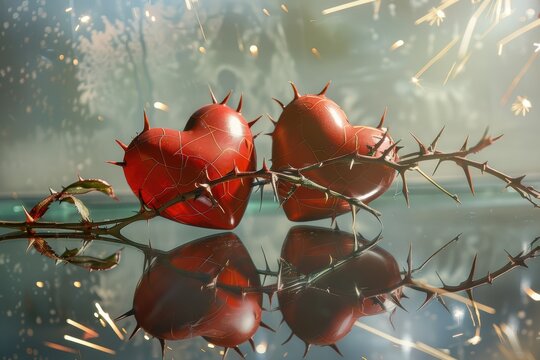 Miniature hearts caught in barbed chains. Two tiny love symbols bound by sharp vine and metal links. Pair of petite hearts enmeshed within spiked vine combined with cold chain