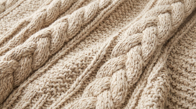 Cream cable knit wool blanket texture close up
