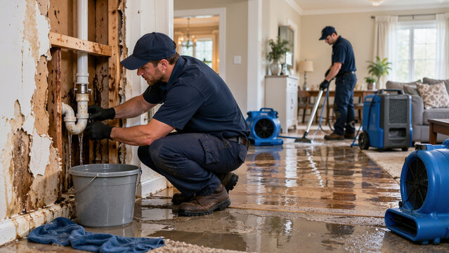 Water damage restoration technicians fixing burst pipe and drying flooded floor. Professional service crew extracting water in residential home