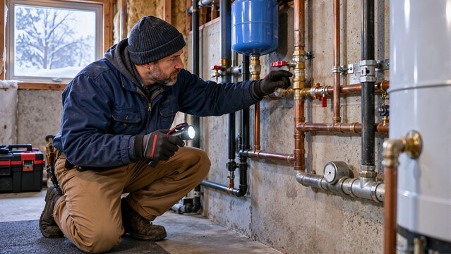 Plumber inspecting basement water pipes with flashlight before winter. Routine maintenance check of heating and plumbing system