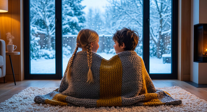 Two children wrapped in a thick knitted blanket sitting by a window and watching snow fall outside, cozy indoor scene with fireplace. Lifestyle, winter, family, childhood.
