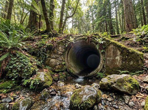 Large concrete culvert drainage pipe in a lush green forest. Water flowing from tunnel into a rocky creek bed