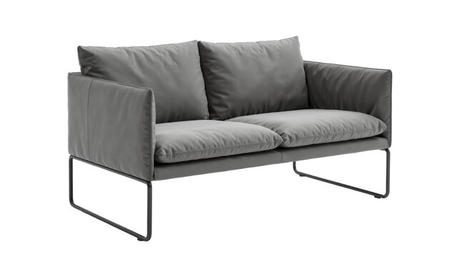 Isolated modern minimalist two-seater gray sofa with fabric upholstery and black metal frame