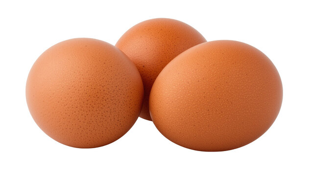 Isolated three fresh organic brown eggs stacked together with a distinct product code P (770)