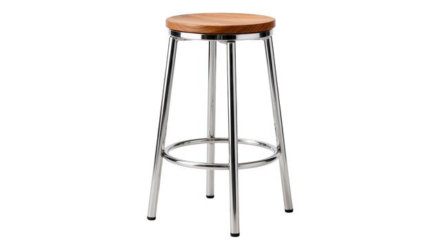 Isolated modern high bar stool with round wooden seat and shiny chrome metal frame