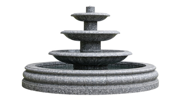 Isolated three-tier stone garden fountain with granite texture, classical outdoor water feature