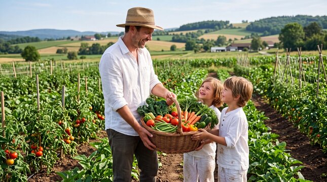 Happy Family Farming Father and Sons Holding Basket of Fresh Organic Vegetables in Sunny Rural Field ideal for organic food marketing and sustainable living blogs.