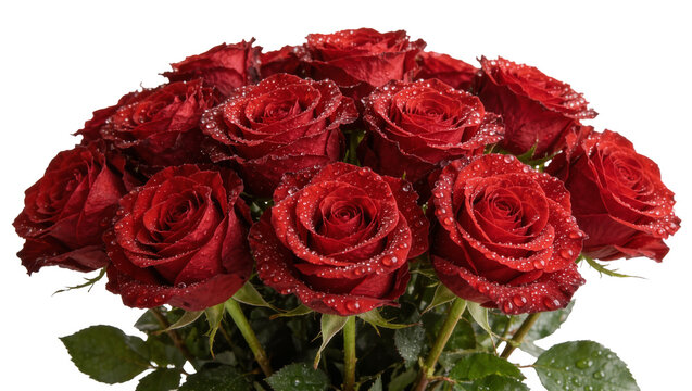 Isolated vibrant red roses bouquet covered in fresh dew drops for romance and beauty