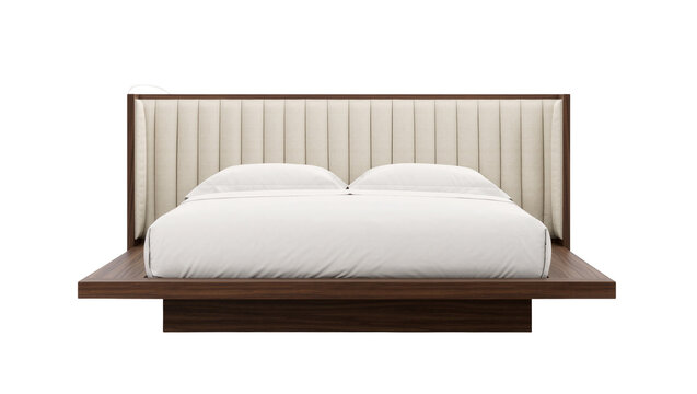 Isolated modern platform bed with dark wood frame, padded channel tufted headboard, white bedding