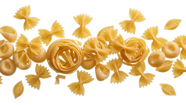 Isolated raw various dry pasta types including farfalle, shells, and tagliatelle, Italian food.