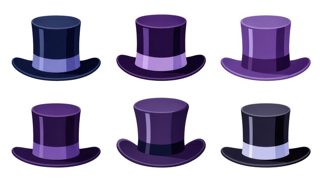 Isolated collection of six stylish formal top hats in various purple and blue shades.