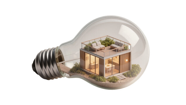 Isolated innovative concept of a modern house with rooftop garden inside a glowing light bulb