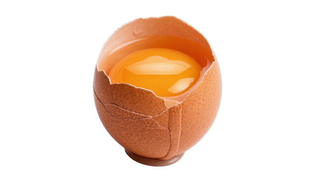 Isolated raw chicken egg with cracked brown shell, golden yolk, and clear albumen